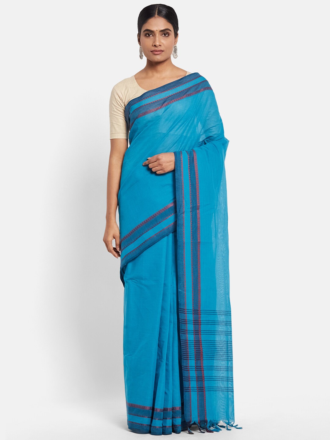 

Fabindia Blue & Red Zari Pure Cotton Saree