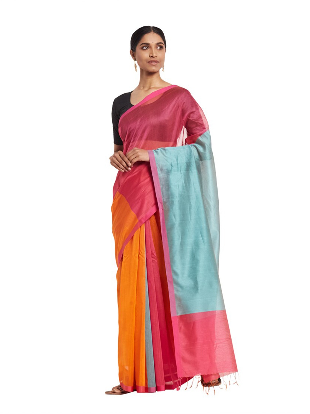 

Fabindia Magenta & Blue Colourblocked Saree