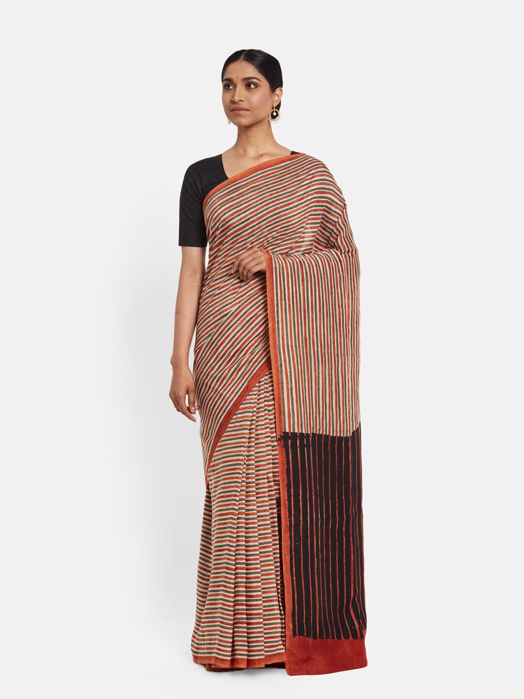 

Fabindia Red & Grey Striped Saree