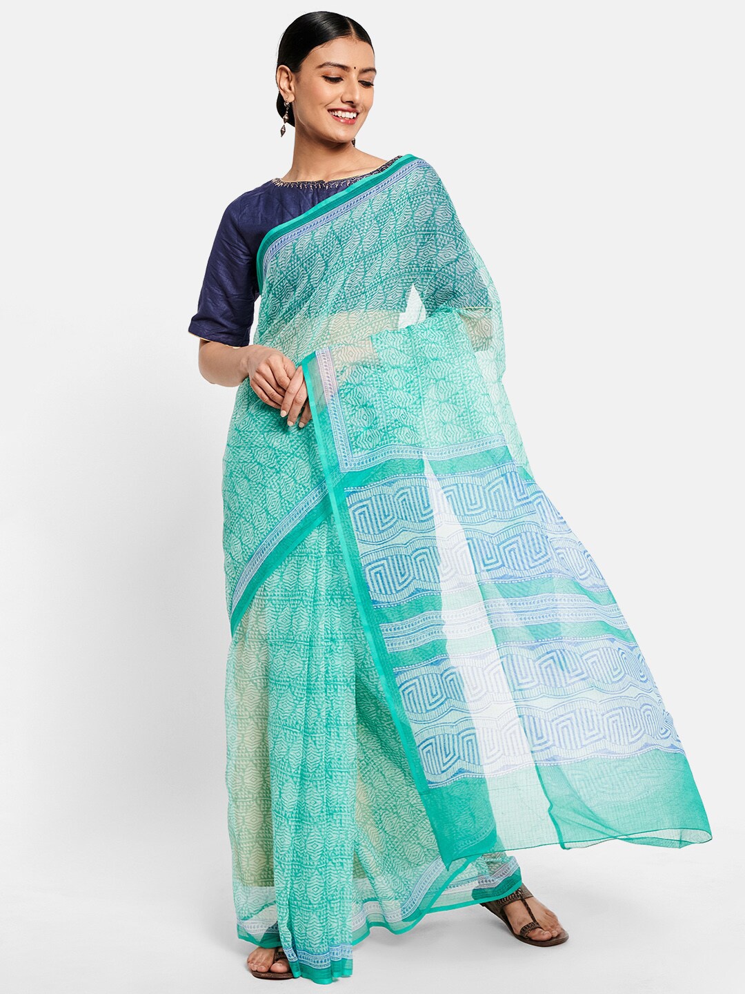 

Fabindia Turquoise Blue & White Silk Cotton Saree
