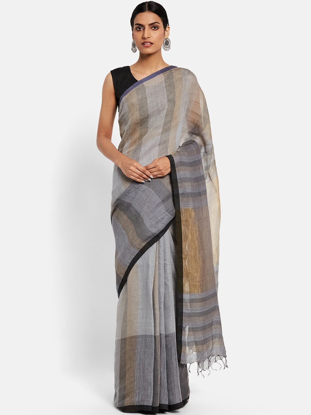 

Fabindia Grey & Beige Abstract Woven Design Pure Linen Saree