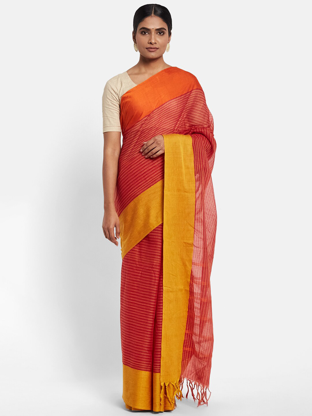 

Fabindia Pink & Yellow Abstract Woven Design Pure Cotton Saree