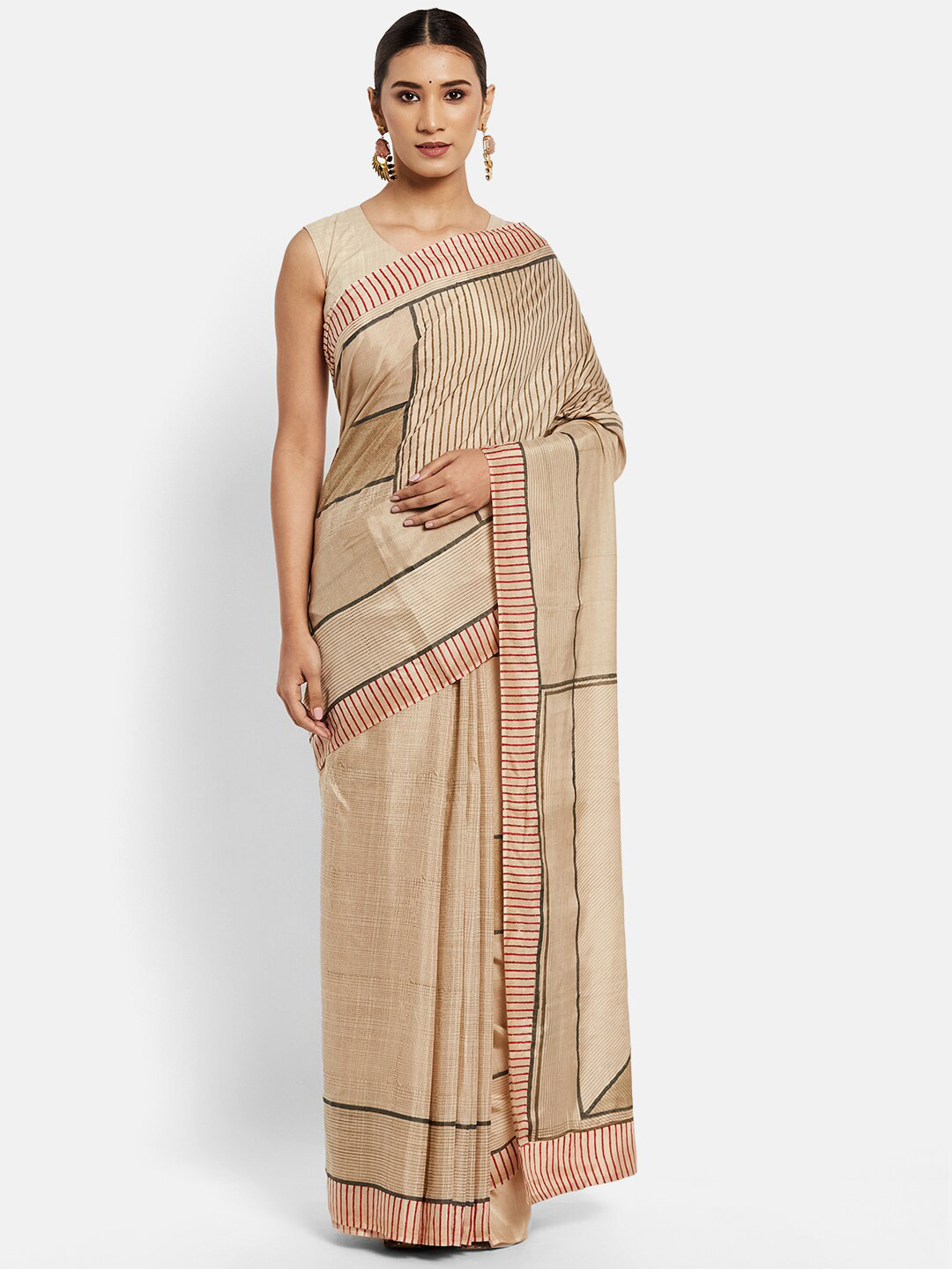 

Fabindia Beige & Red Striped Saree