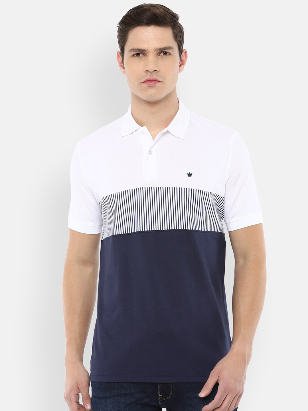 

Louis Philippe Sport Men Navy Blue & White Colourblocked Polo Collar Cotton T-shirt
