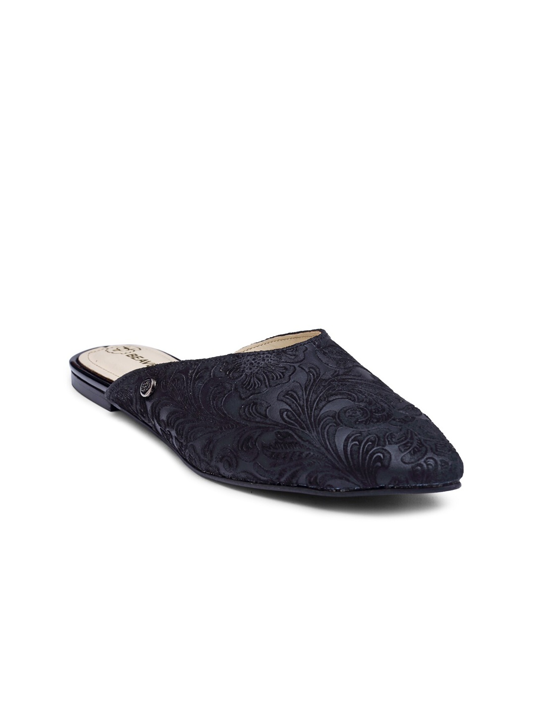 

BEAVER Women Black Leather Woven Design Mules Flats