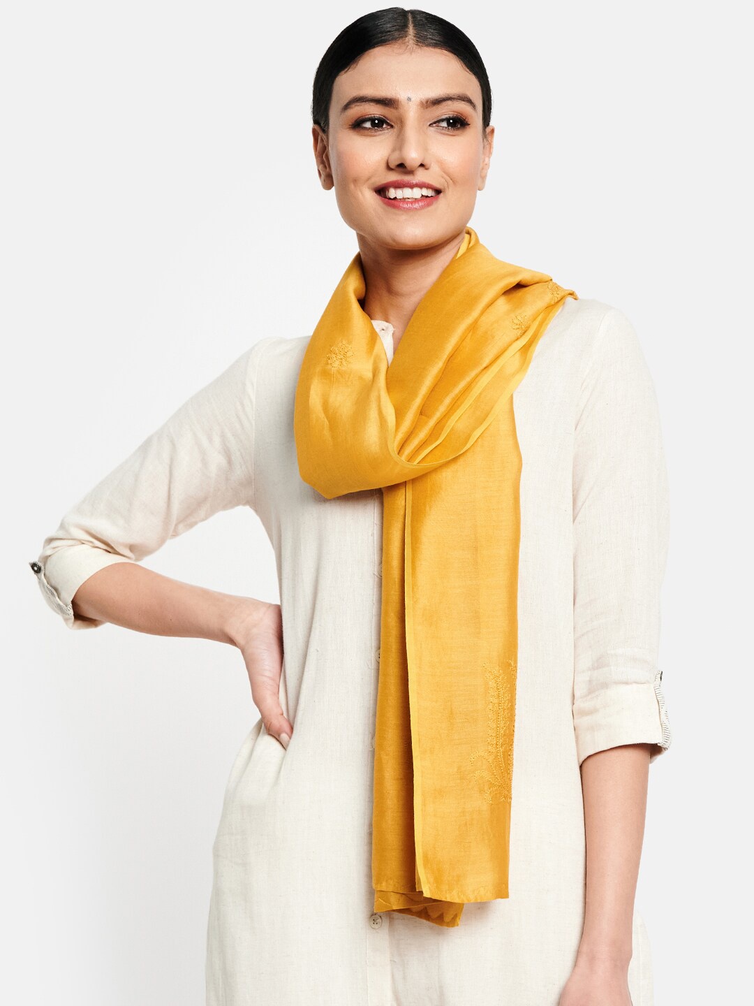 

Fabindia Women Mustard Yellow Ethnic Motifs Embroidered Cotton Silk Stoles