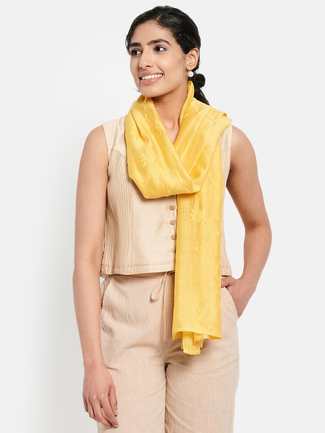 

Fabindia Women Yellow Embroidered Stole