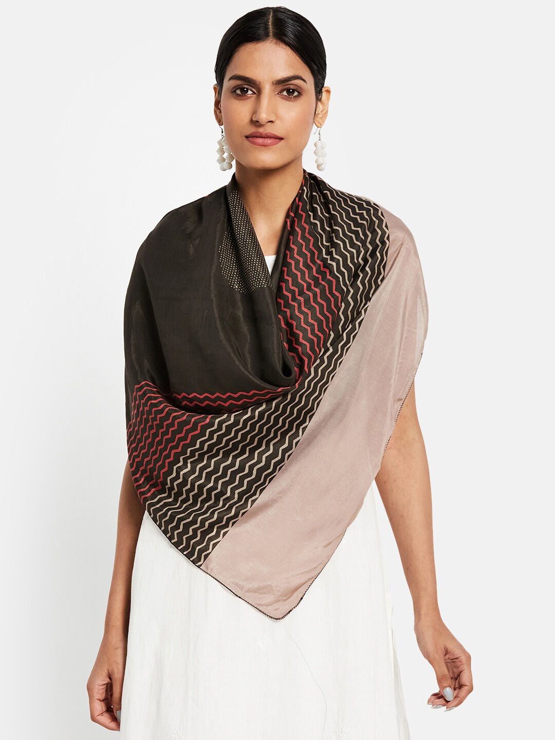 

Fabindia Women Black & Taupe Printed Stole