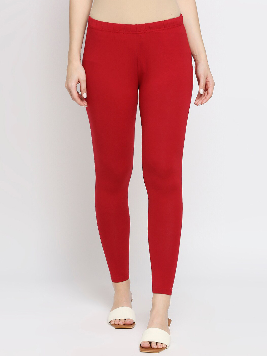 

Ethnicity Women Red Solid Ankle Length Leggings