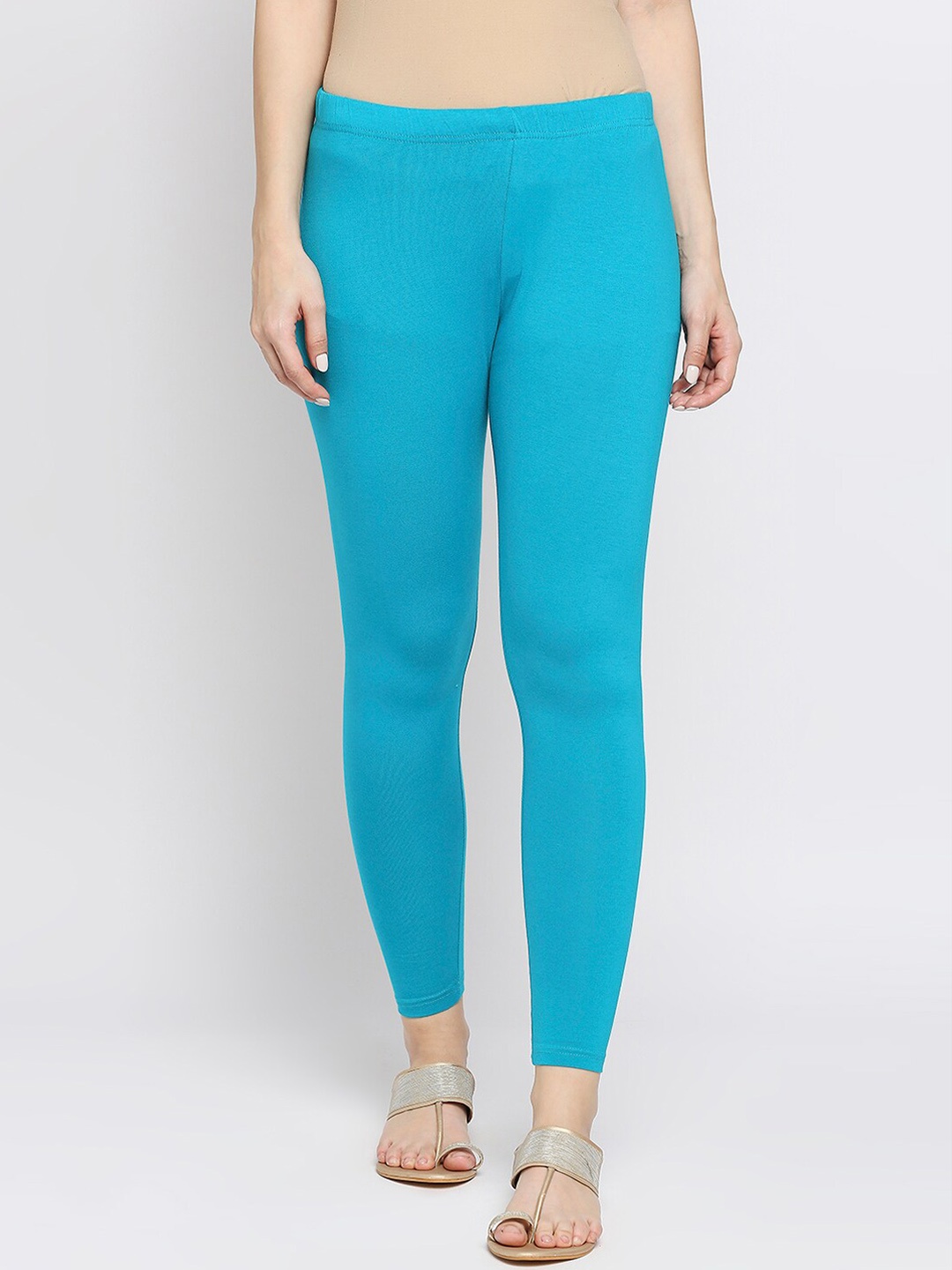 

Ethnicity Women Blue Solid Cotton Ankle-Length Leggings, Turquoise blue