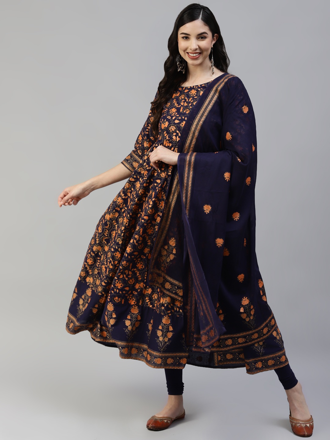 

Poshak Hub Women Navy Blue Ethnic Motifs Printed Kurta With Leggings & Dupatta