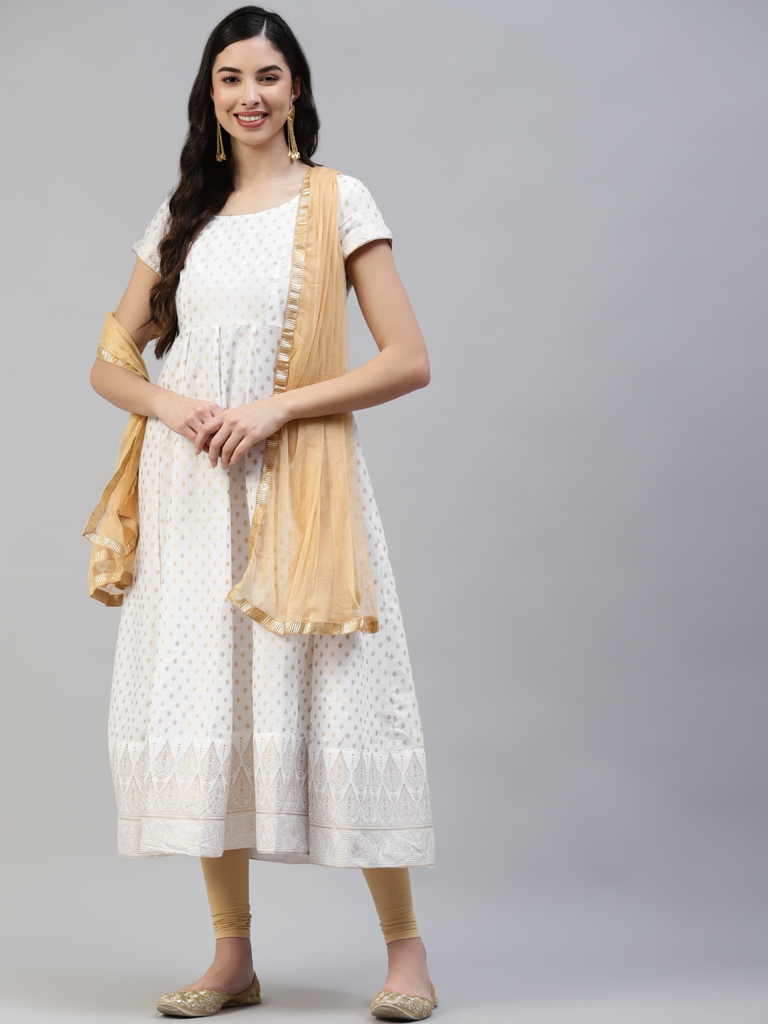 

Poshak Hub Women White & Beige Pure Cotton Ethnic Print Kurta & Leggings With Dupatta