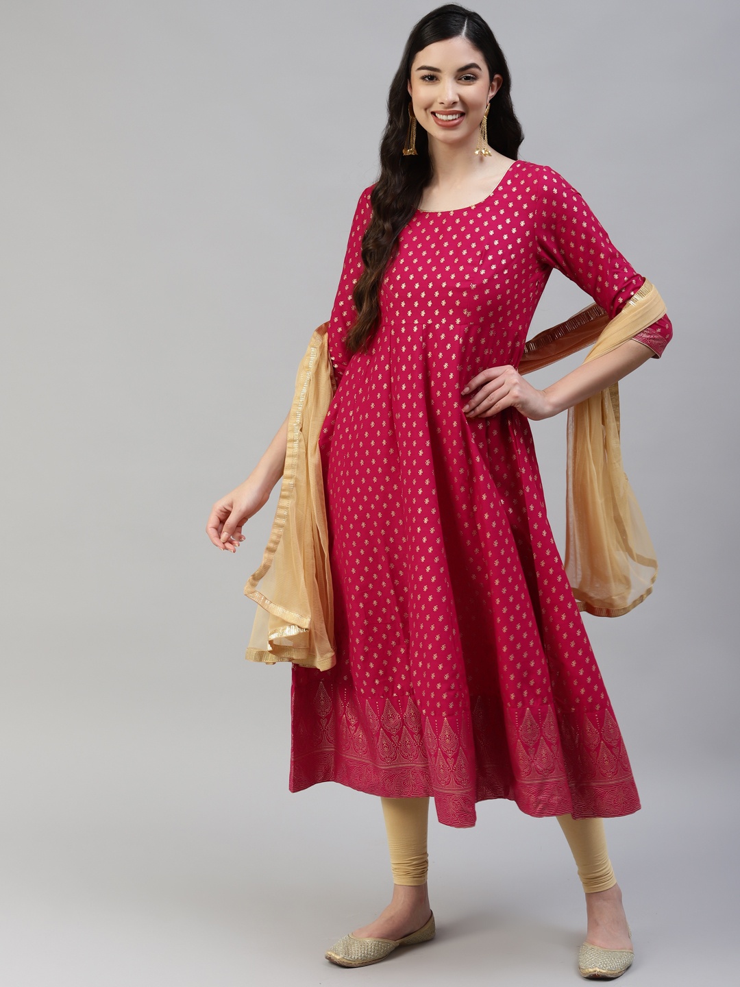 

Poshak Hub Women Pink & Cream-Colored Cotton Ethnic Print Kurta With Leggings & Dupatta