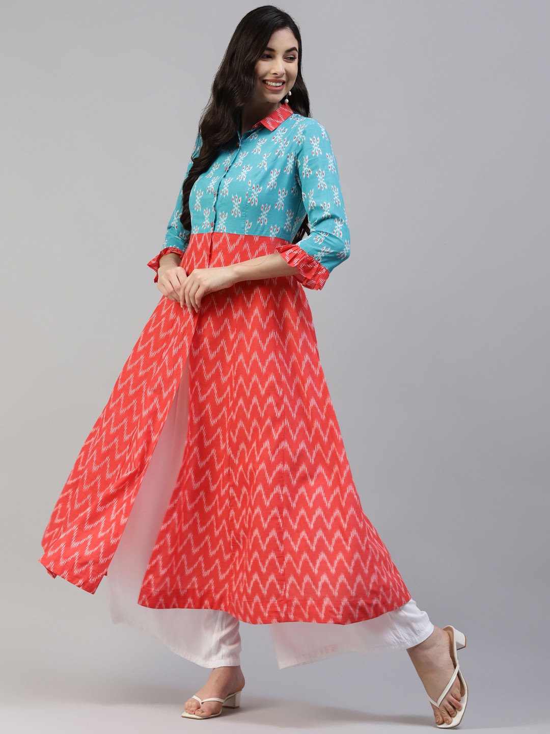 

Poshak Hub Women Turquoise Blue & Orange Ethnic Motifs Printed Cotton A-Line Kurta