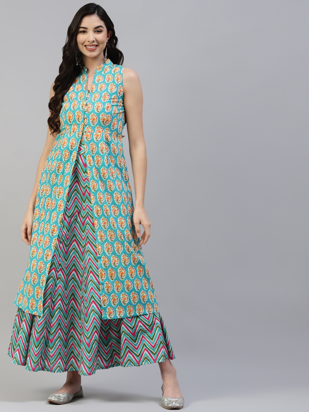 

Poshak Hub Women Turquoise Blue & Orange Pure Cotton Floral Prin Kurta with Skirt