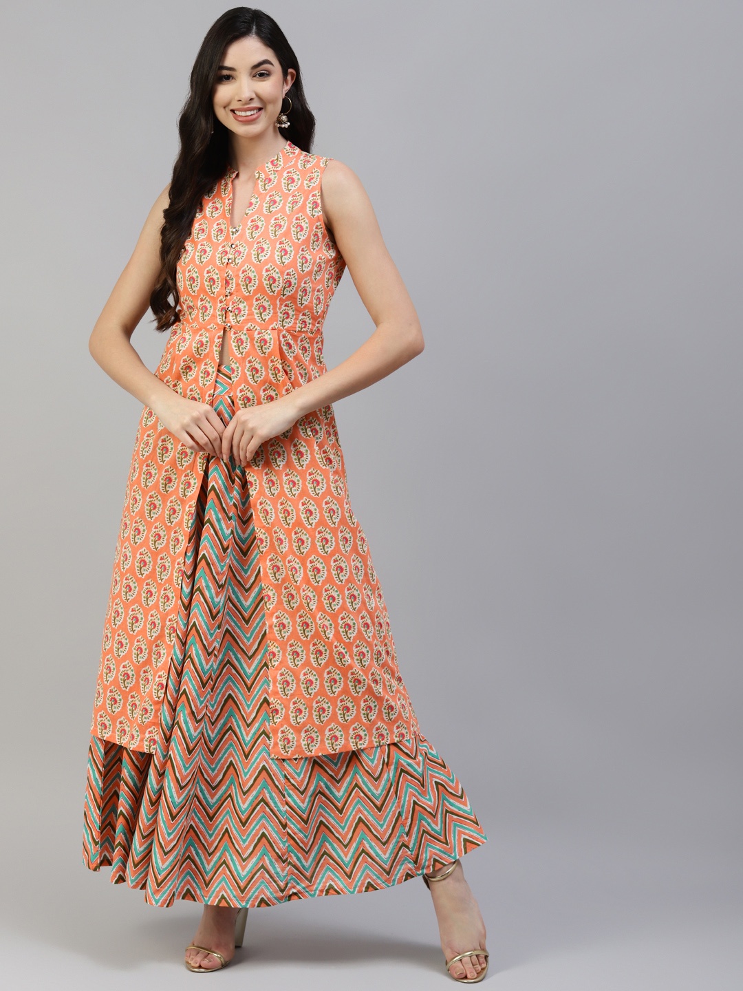 

Poshak Hub Women Peach-Coloured Ethnic Motifs Printed Pure Cotton Kurta with Skirt