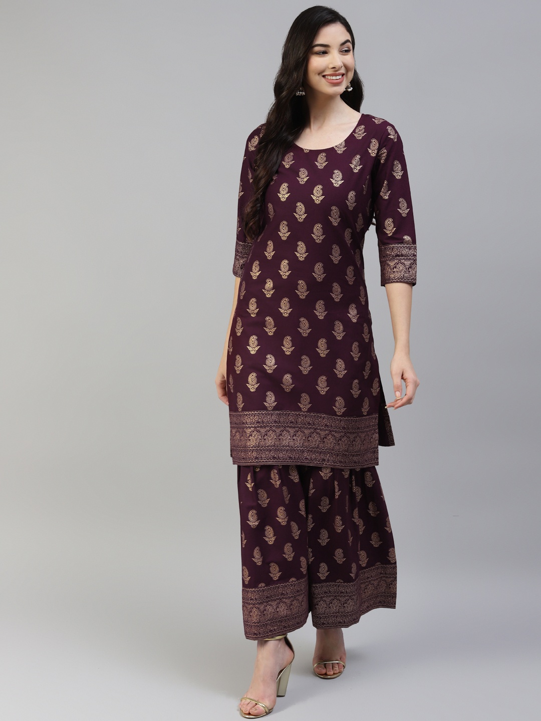 

Poshak Hub Women Purple Ethnic Motifs Printed Pure Cotton Kurta with Sharara