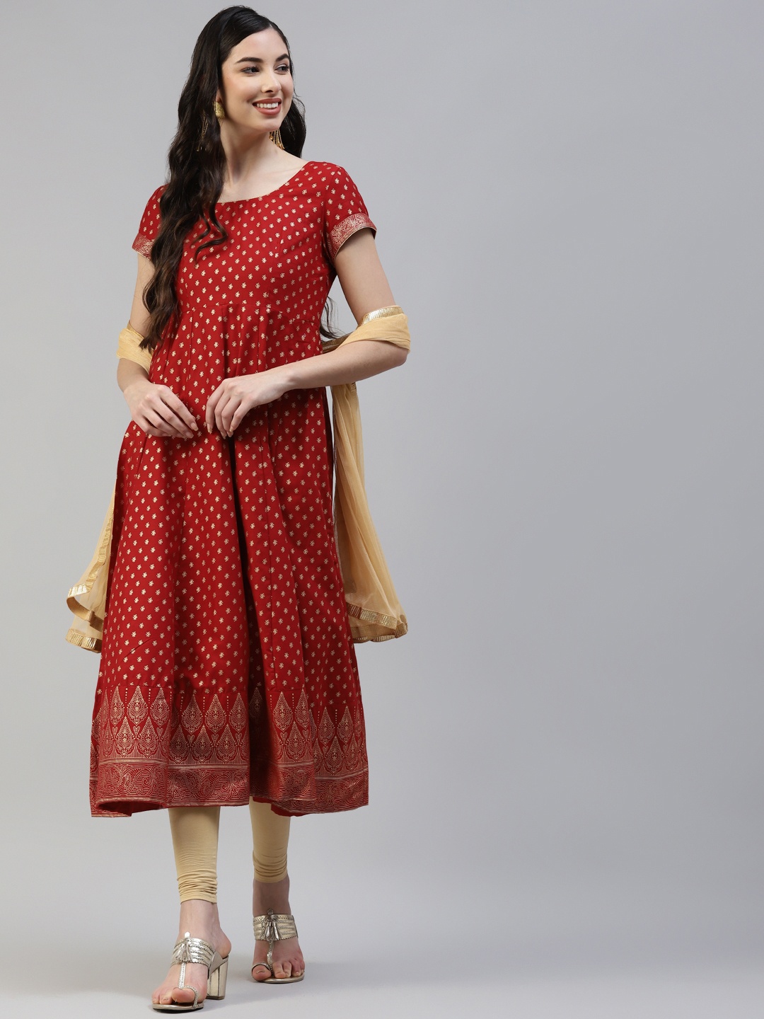 

Poshak Hub Women Red Ethnic Motifs Printed Kurta With Leggings & Dupatta
