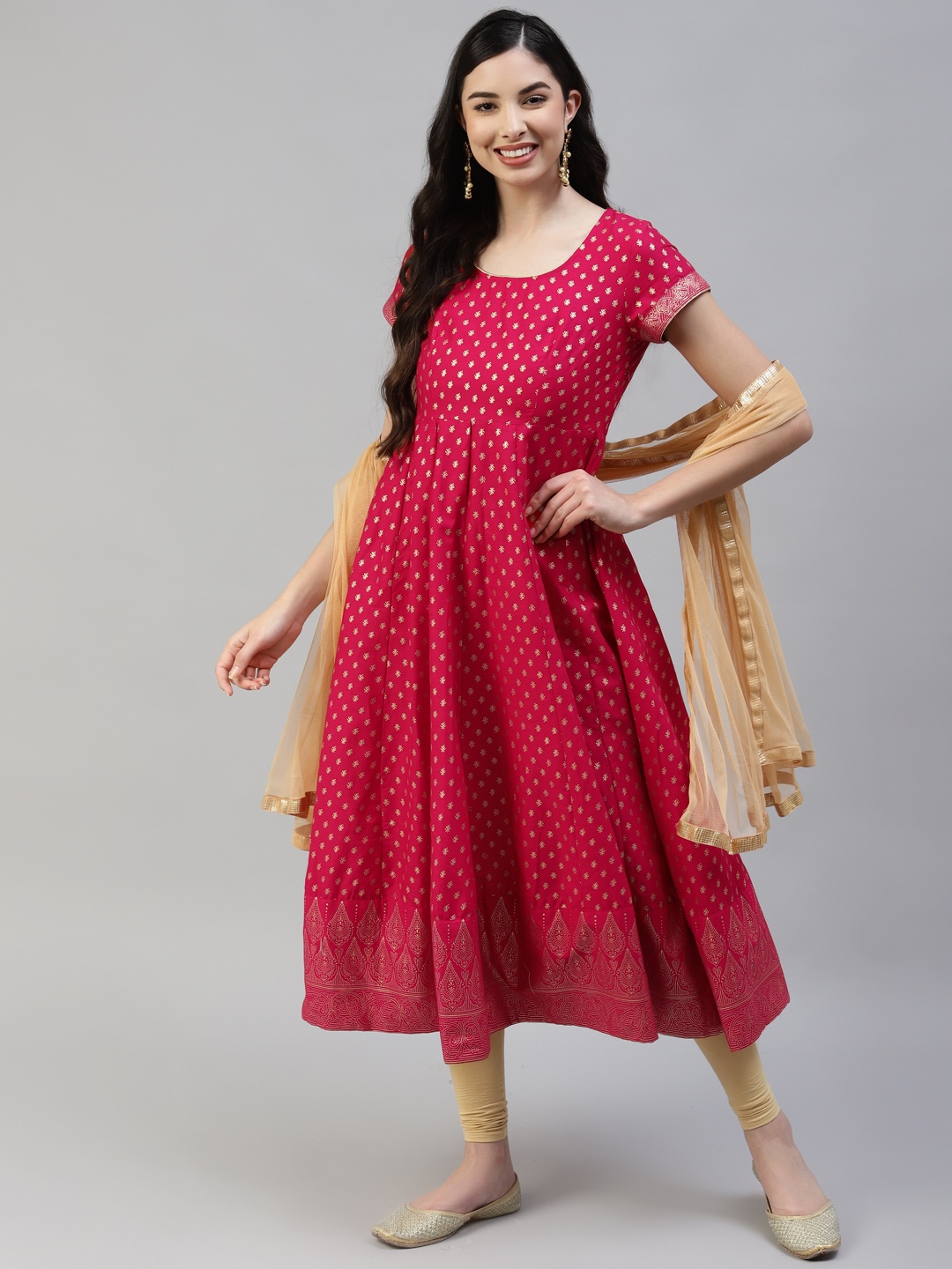 

Poshak Hub Women Pink & Beige Pure Cotton Ethnic Print Kurta & Leggings With Dupatta