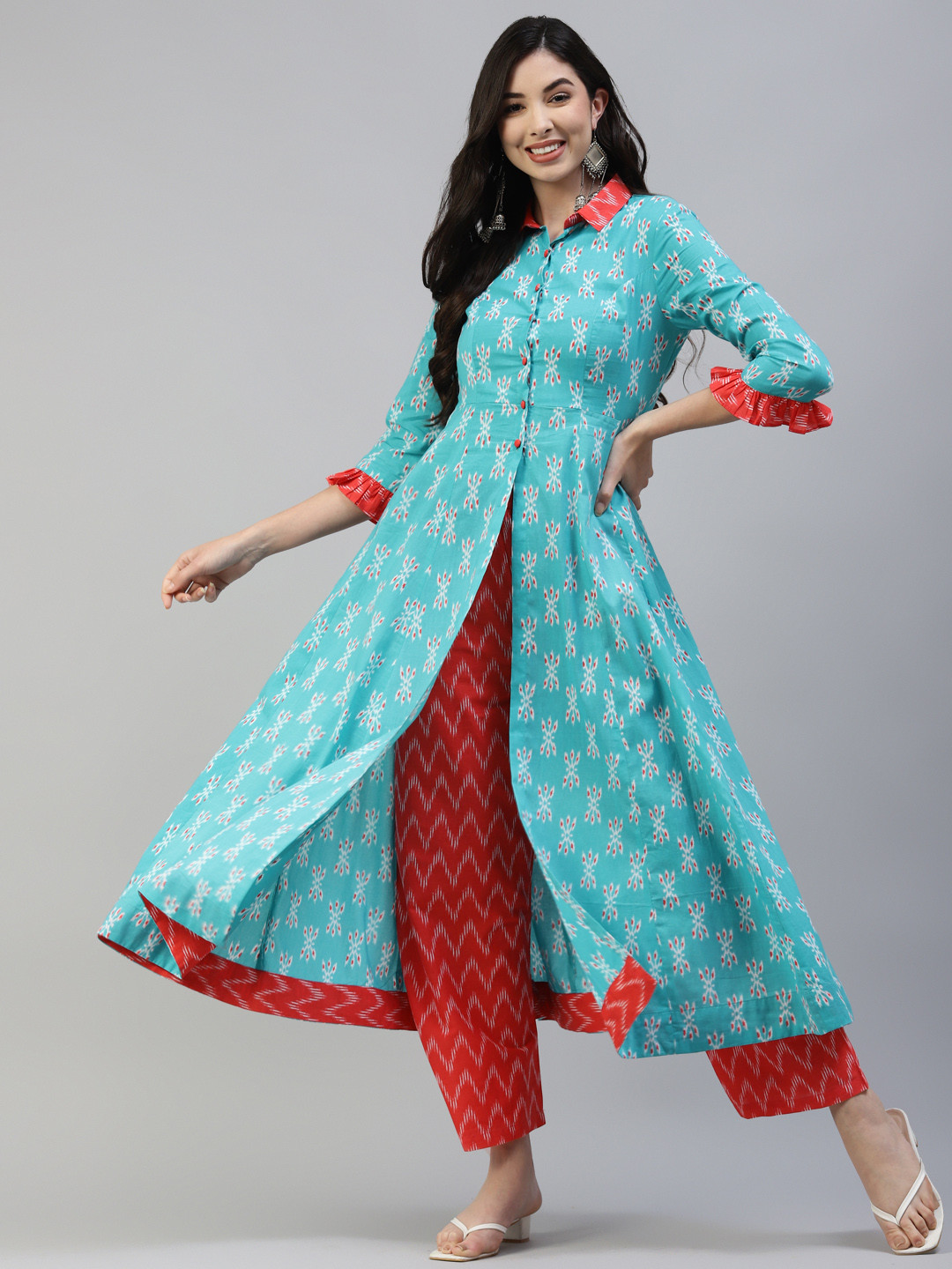 

Poshak Hub Women Turquoise Blue Ethnic Motifs Printed Pure Cotton Kurta with Palazzos