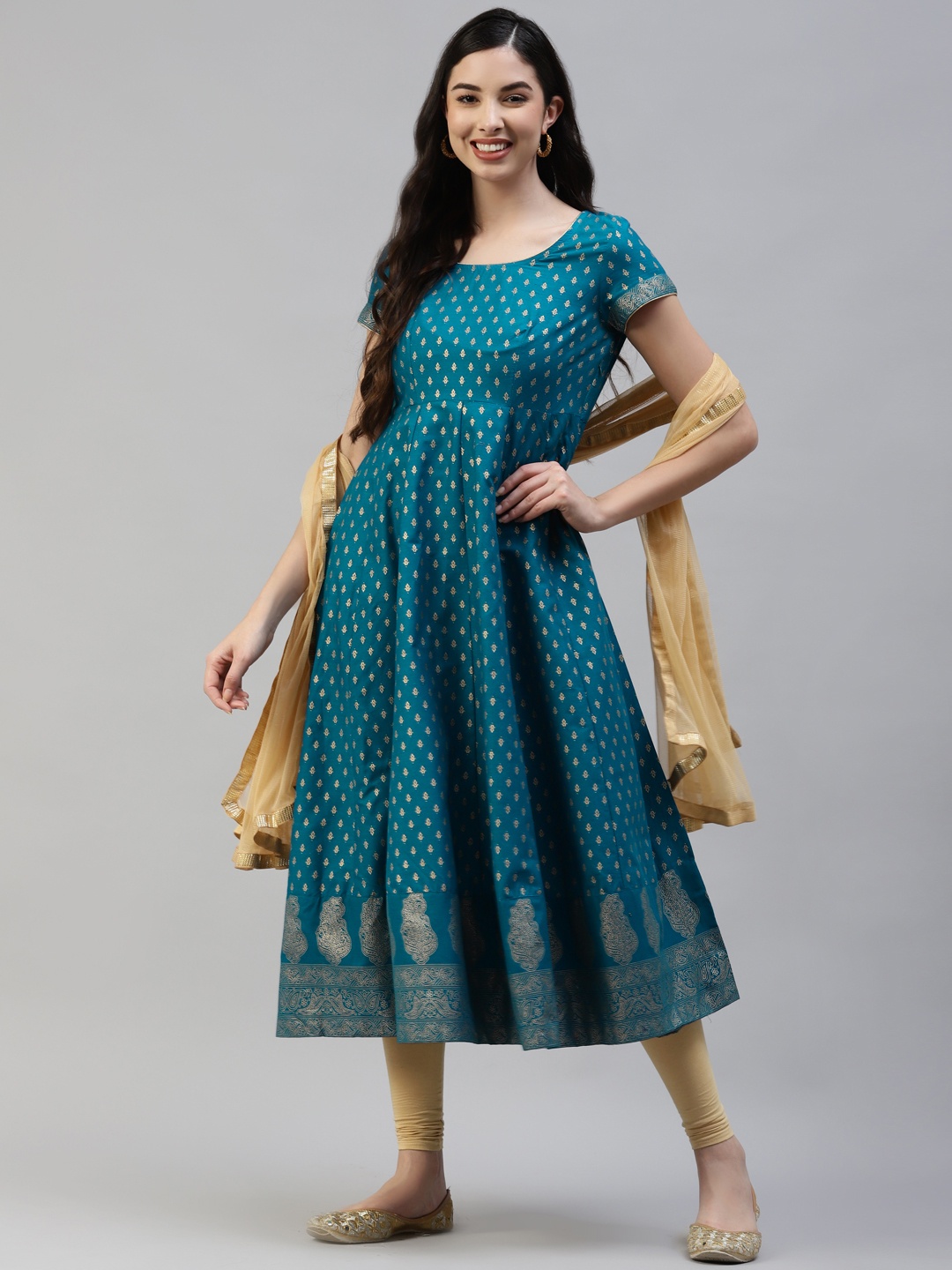 

Poshak Hub Women Turquoise Blue & Beige Cotton Ethnic Print Kurta & Leggings With Dupatta