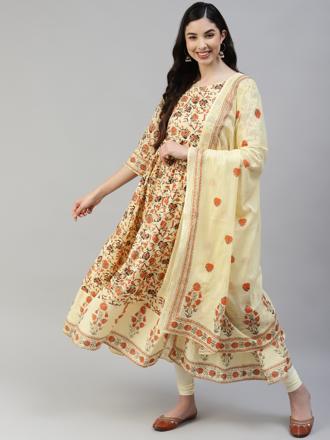 

Poshak Hub Women Yellow & Orange Pure Cotton Floral Print Kurta & Leggings With Dupatta