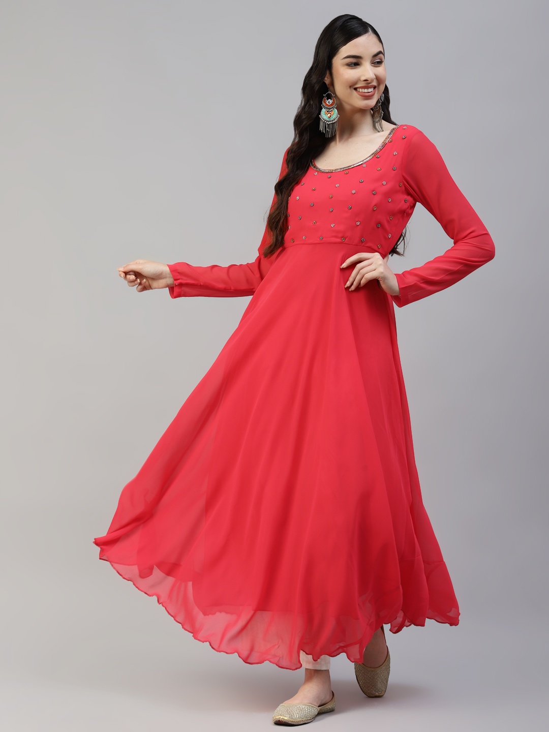 Poshak Hub Women Peach-Coloured Ethnic Motifs Embellished Georgette Anarkali Kurta