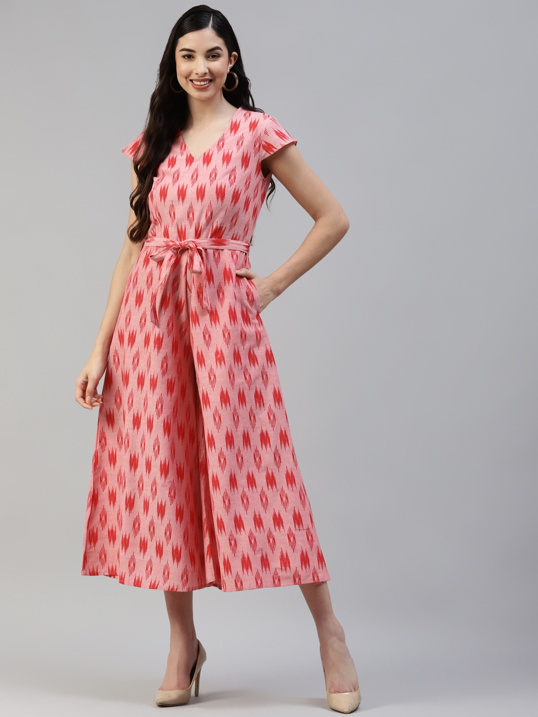 

Poshak Hub Women Red & Pink Pure Cotton Ikat Print Basic Jumpsuit