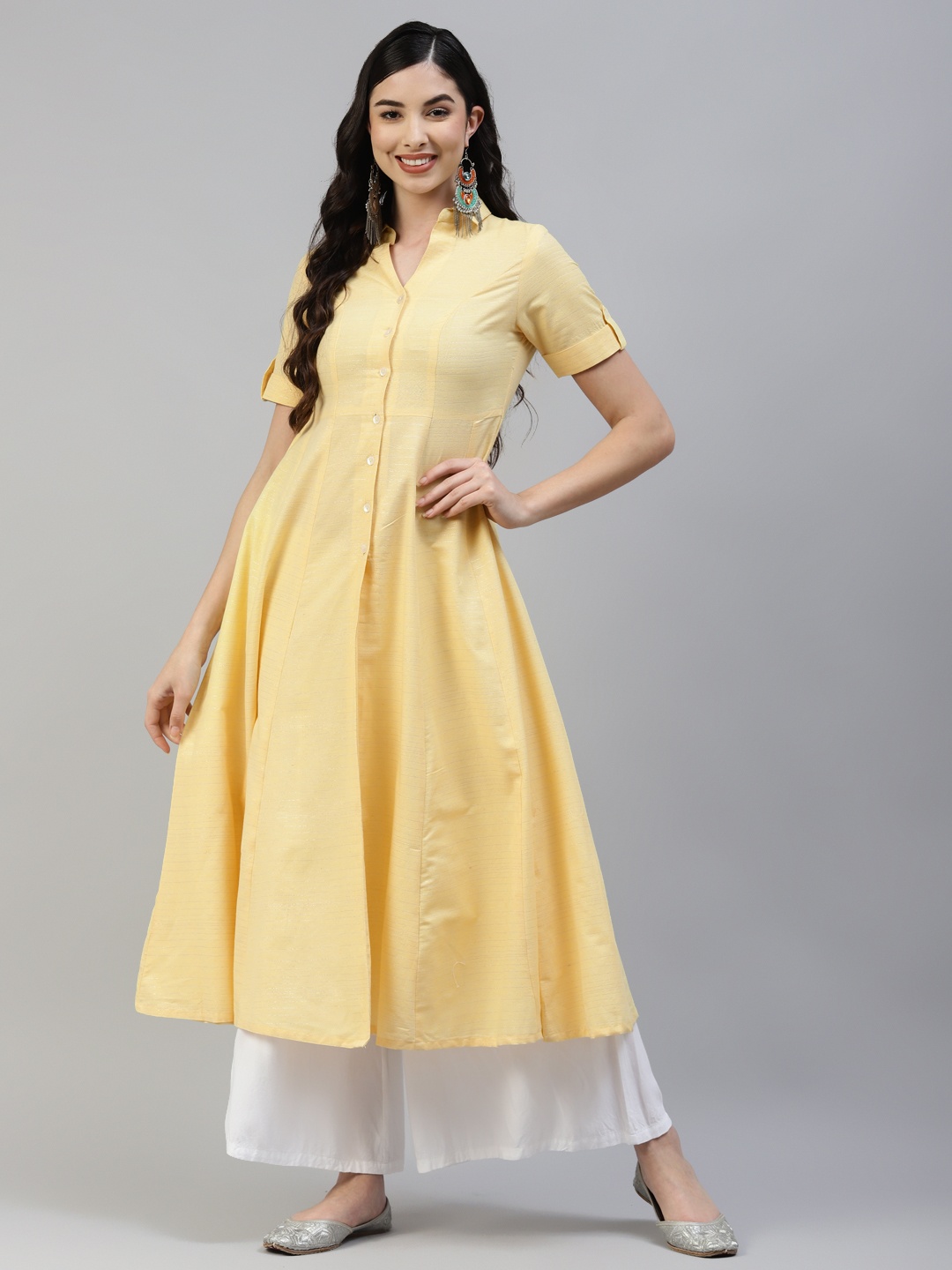 

Poshak Hub Women Yellow Solid Cotton A-Line Kurta