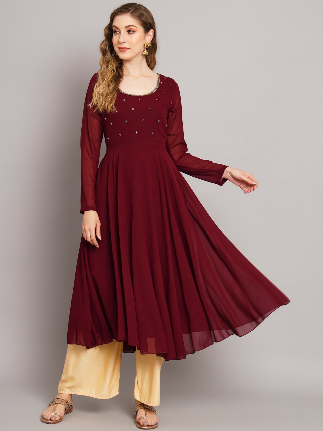 

Poshak Hub Women Maroon Ethnic Motifs Embellished Georgette Anarkali Kurta