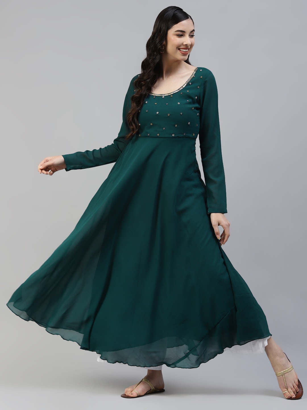 Poshak Hub Women Green Ethnic Motifs Embellished Anarkali Kurta