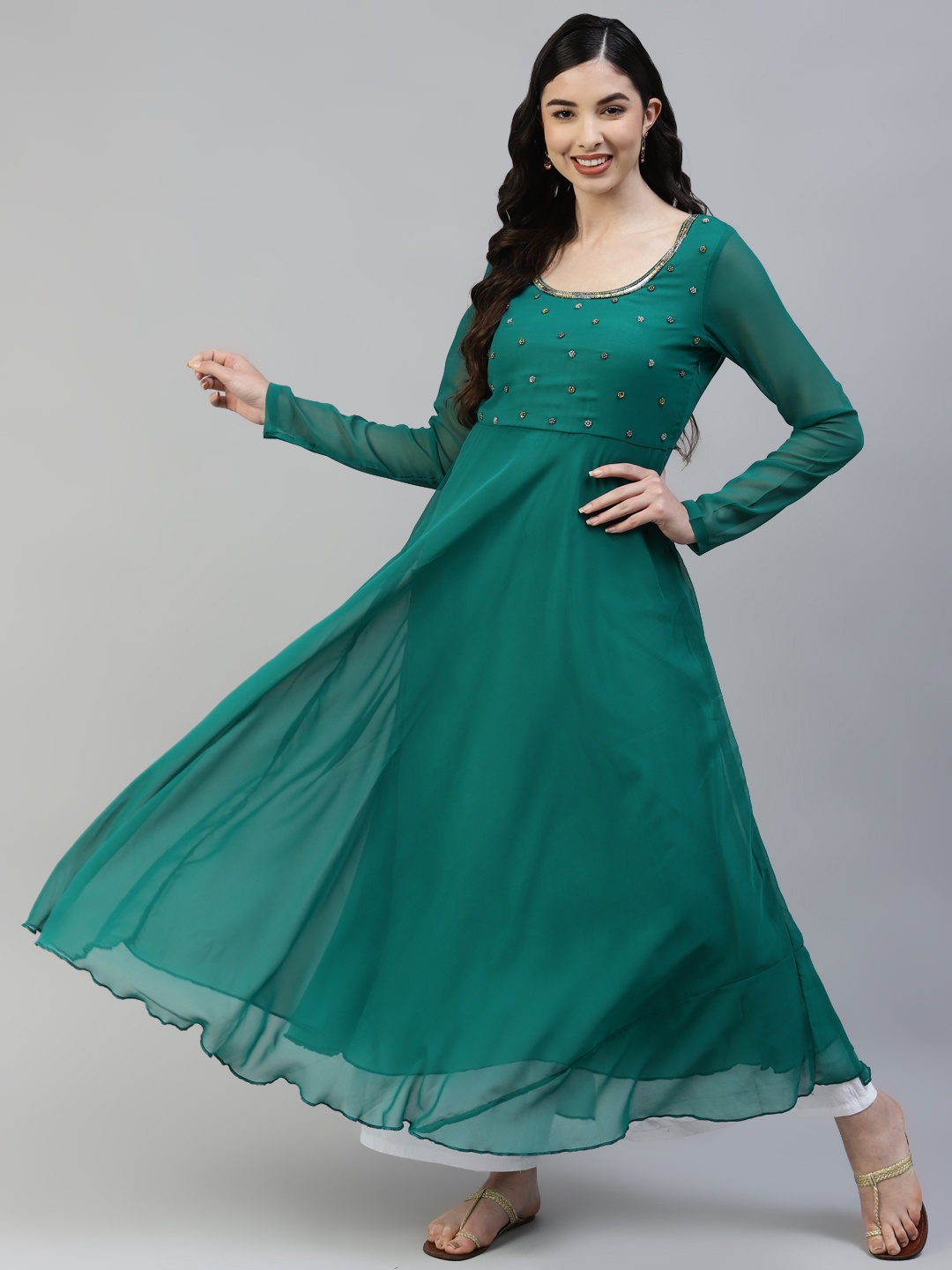 

Poshak Hub Women Green Ethnic Motifs Embellished Georgette Anarkali Kurta