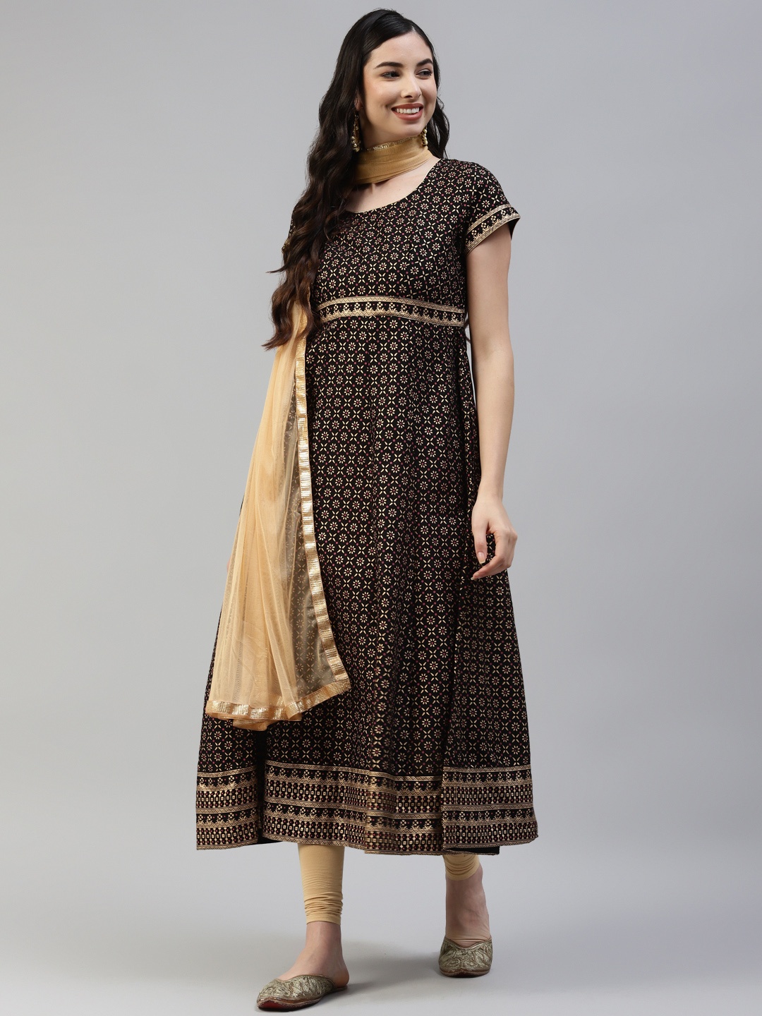 

Poshak Hub Women Black Ethnic Motifs Printed Kurta With Leggings & Dupatta