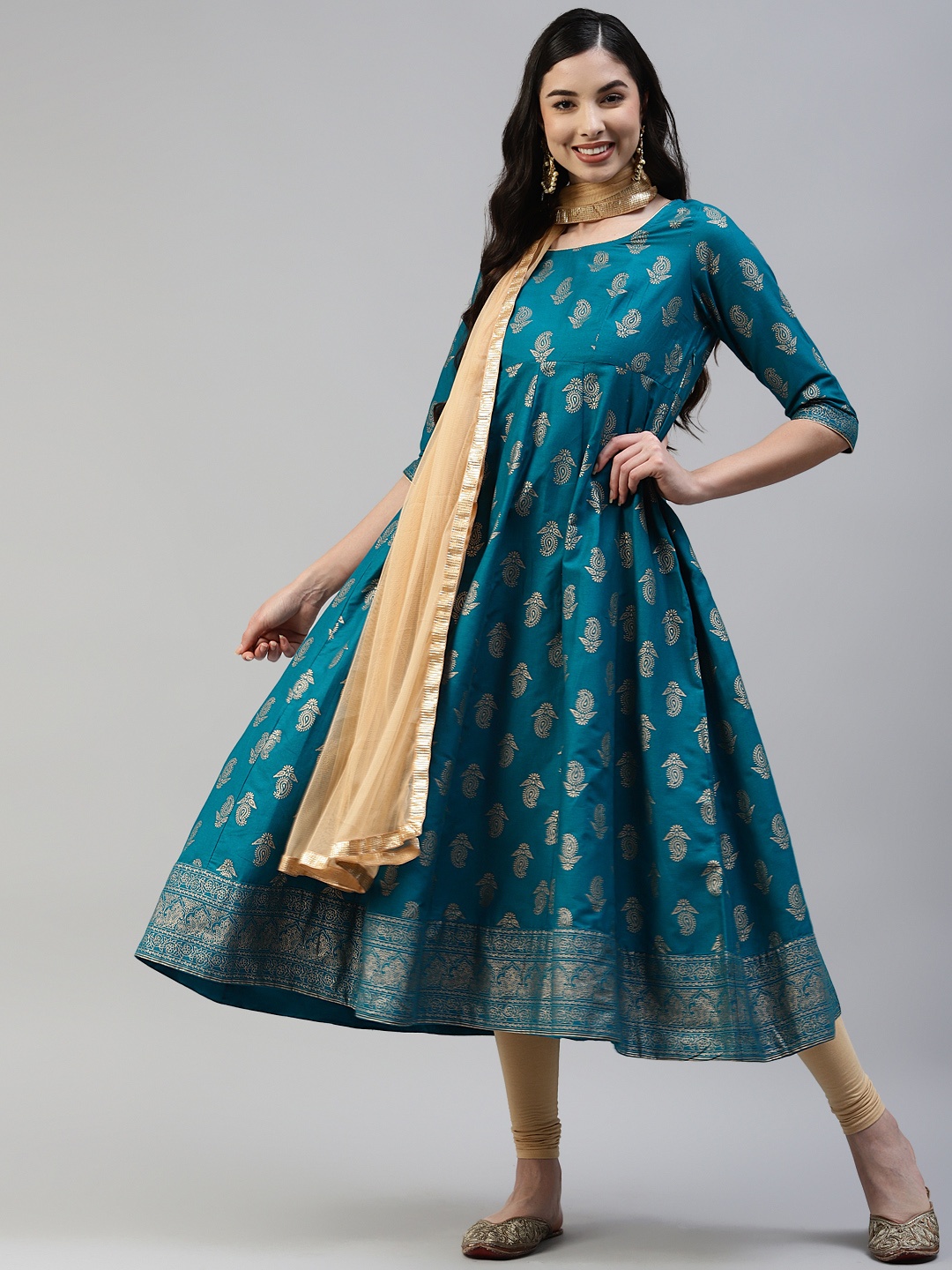 

Poshak Hub Women Turquoise Blue Ethnic Motifs Printed Kurta With Leggings & Dupatta