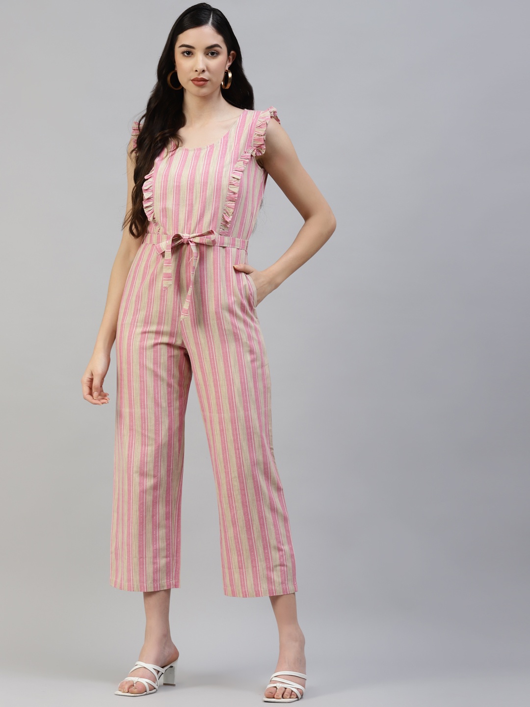 

Poshak Hub Womne Pink & Beige Pure Cotton Striped Basic Jumpsuit with Ruffles