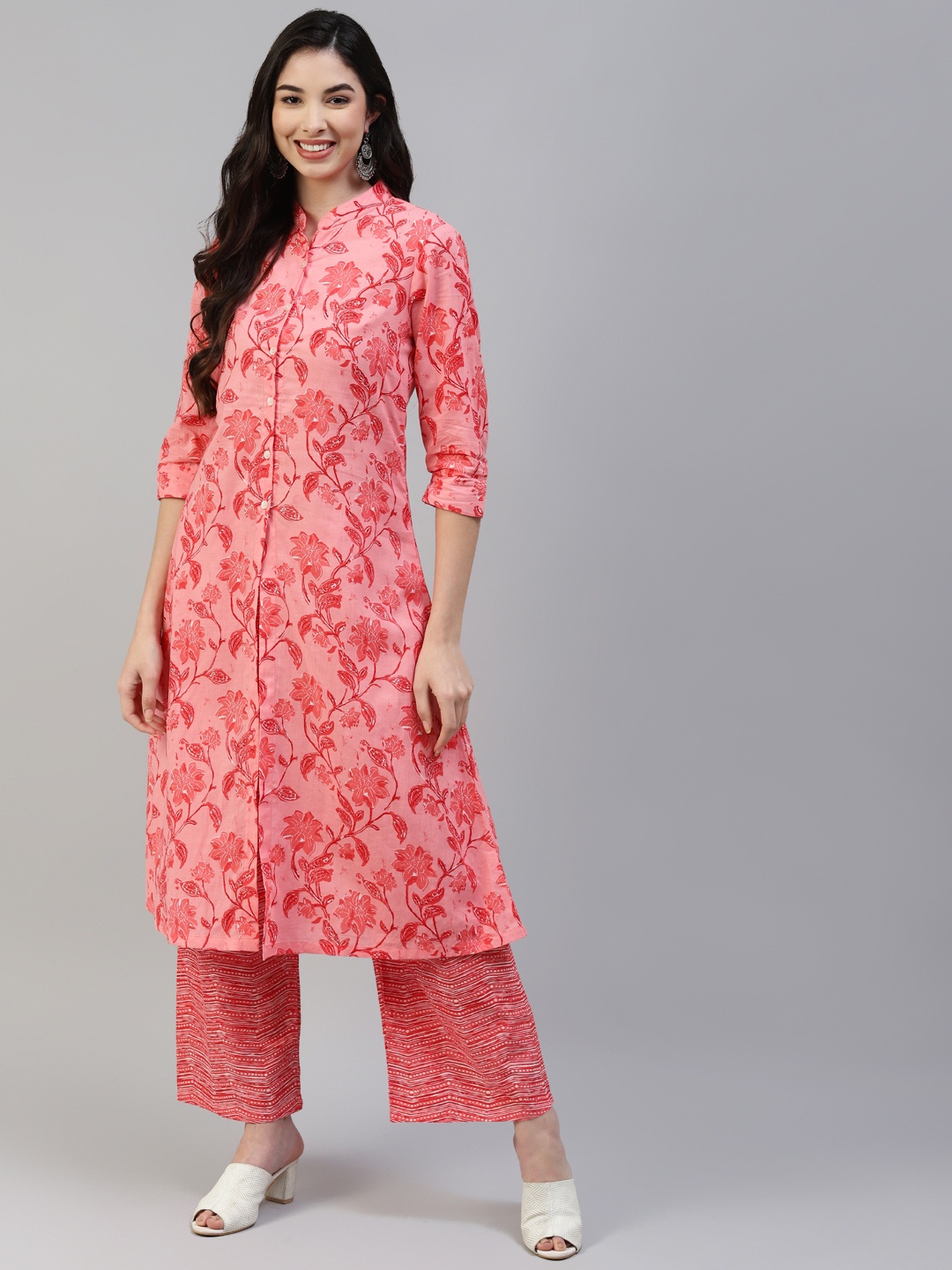 

Poshak Hub Women Peach-Coloured Ethnic Motifs Printed Pure Cotton Kurta with Palazzos