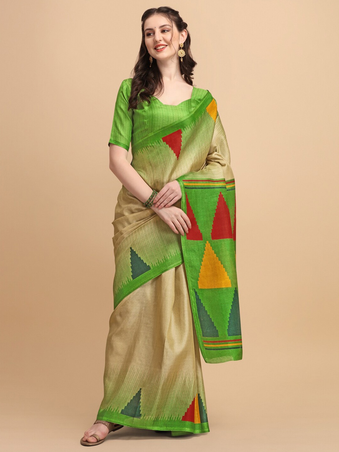 

KALINI Green & Beige Art Silk Fusion Printed Saree