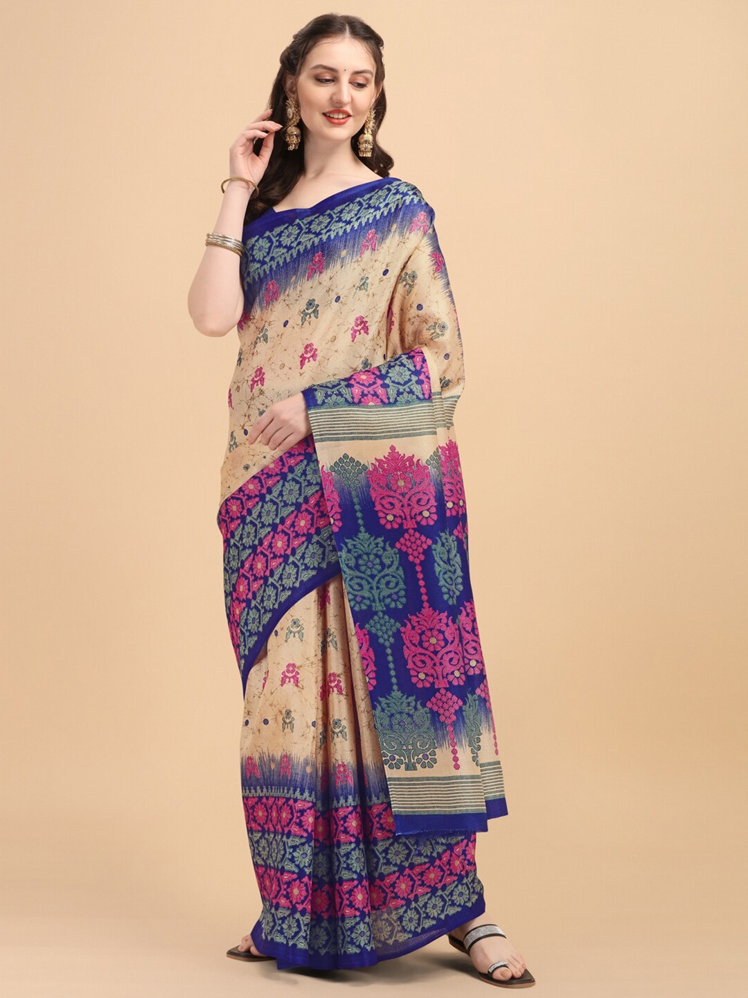 

KALINI Blue & Beige Ethnic Motifs Printed Khadi Saree