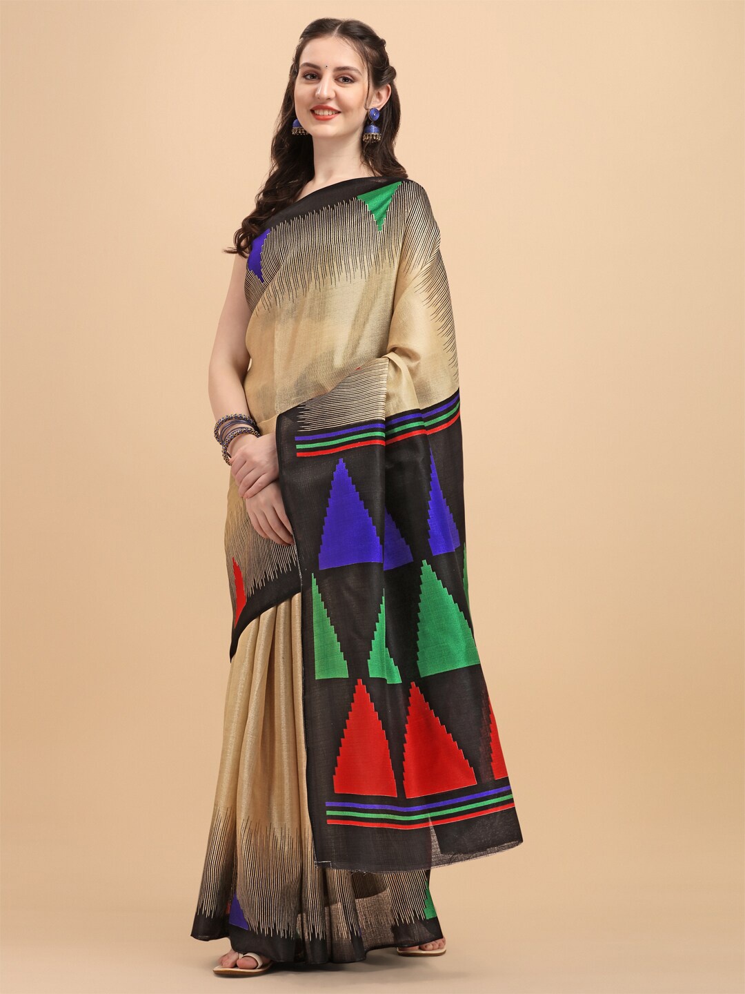 

KALINI Black & Beige Printed Art Silk Saree