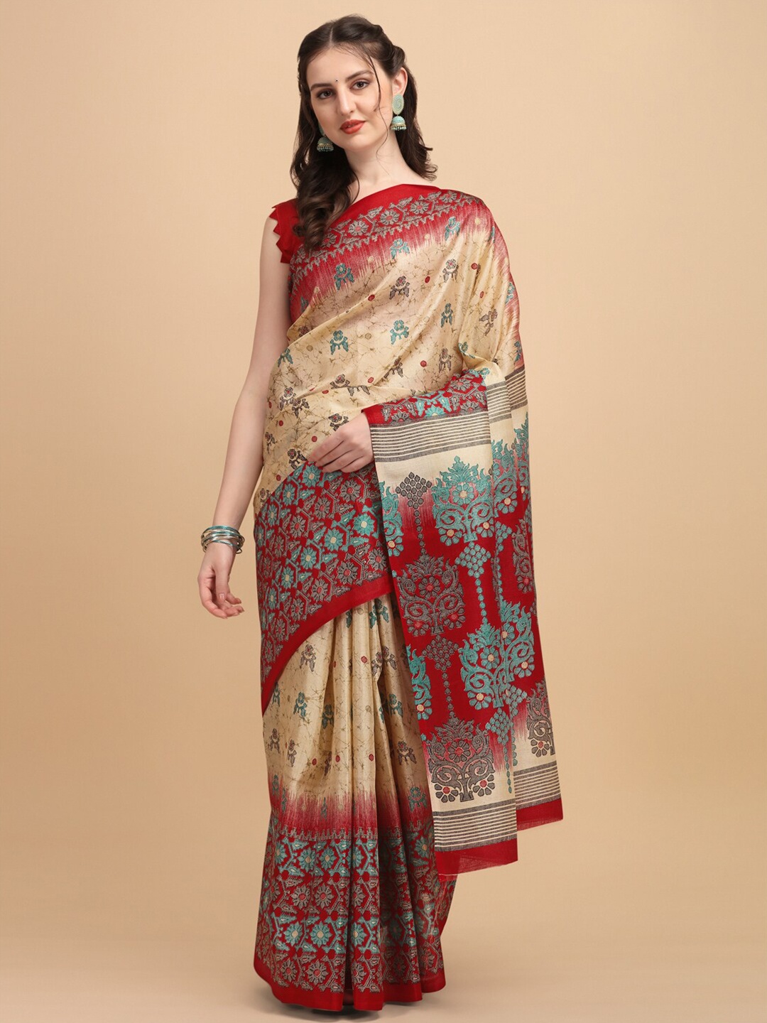 

KALINI Red & Cream-Coloured Ethnic Motifs Art Silk Fusion Khadi Saree