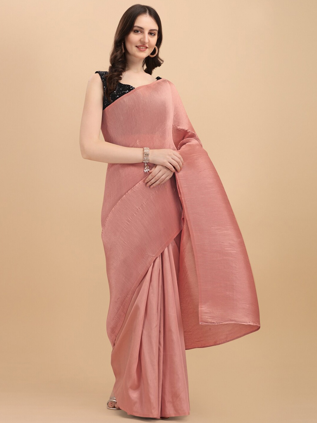 

KALINI Rose Gold Crushed Satin Saree