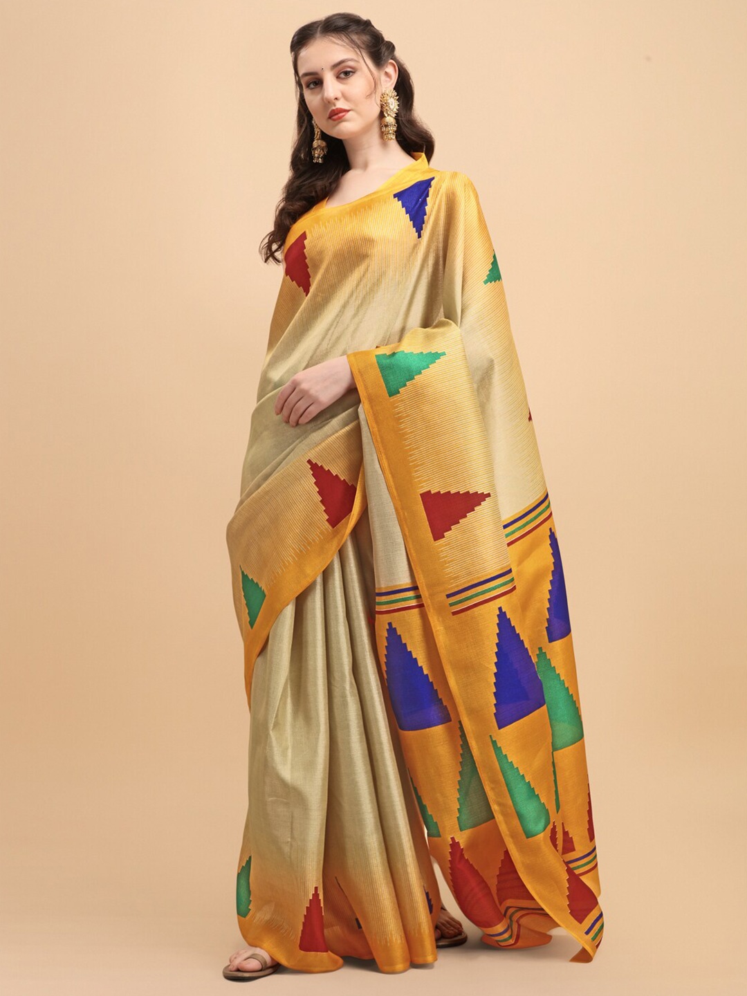 

KALINI Mustard & Beige Geometric Printed Khadi Saree