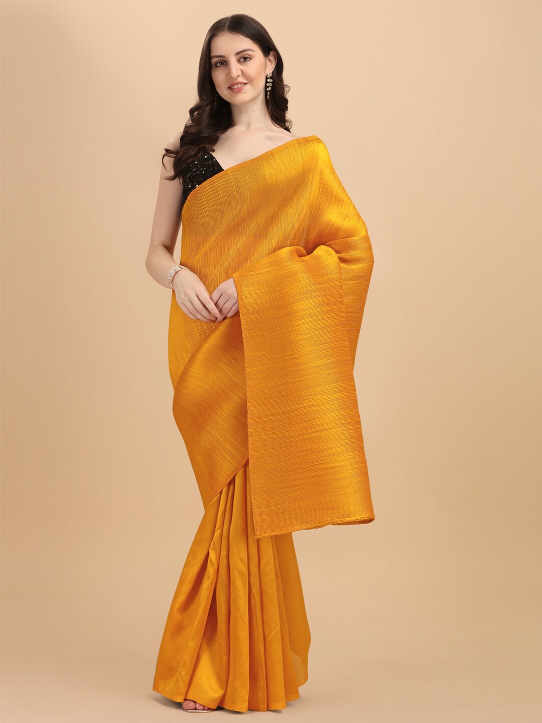 

KALINI Mustard Solid Satin Saree