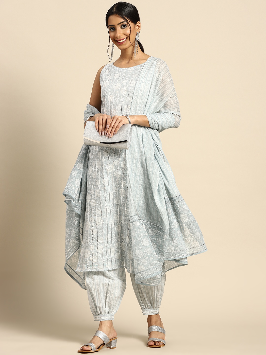 

anayna Women Grey Ethnic Motifs Printed Gotta Patti Pure Cotton Kurta with Salwar & With Dupatta