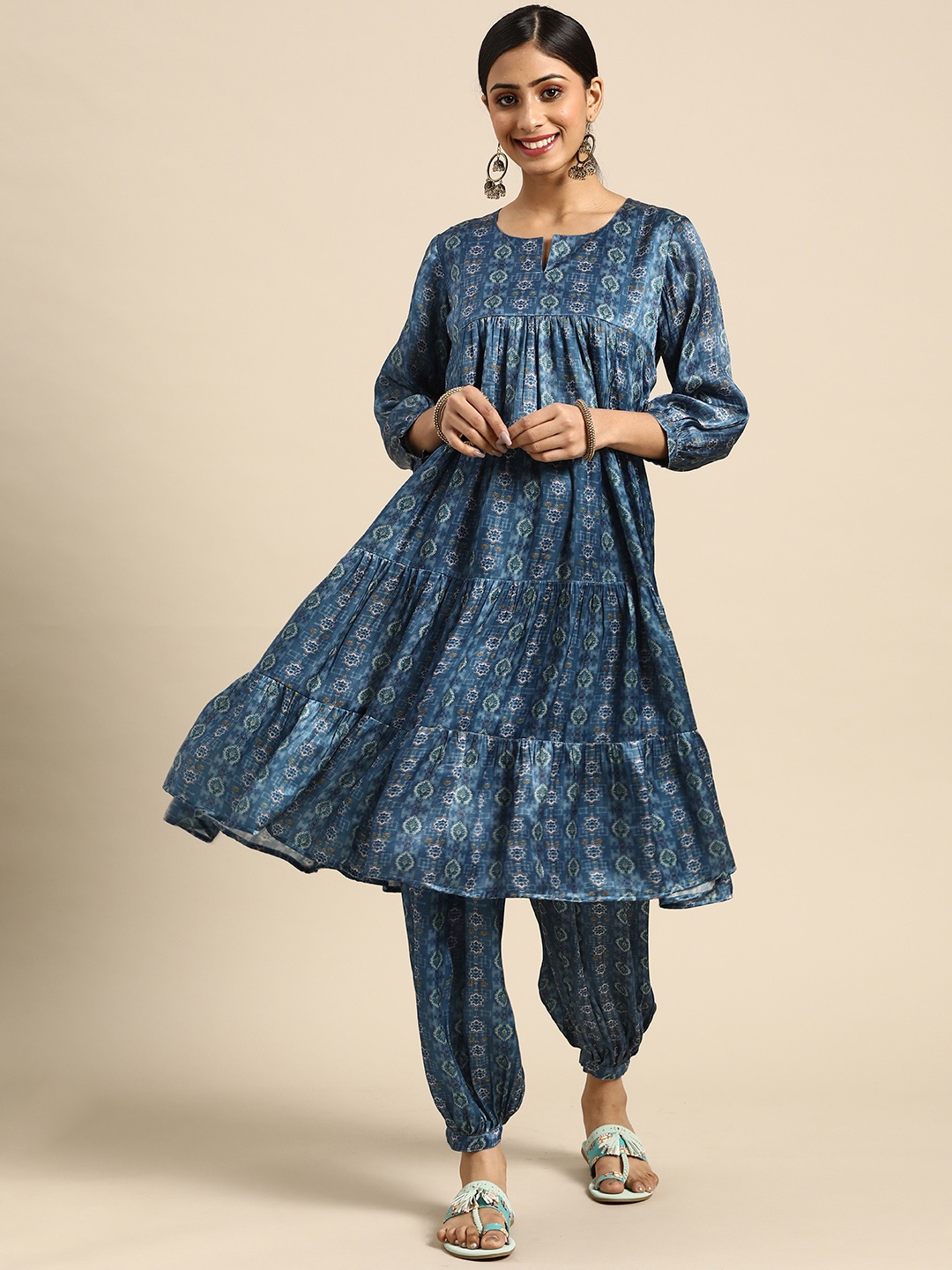 

anayna Women Navy Blue Ethnic Motifs Printed Tiered Kurta with Salwar