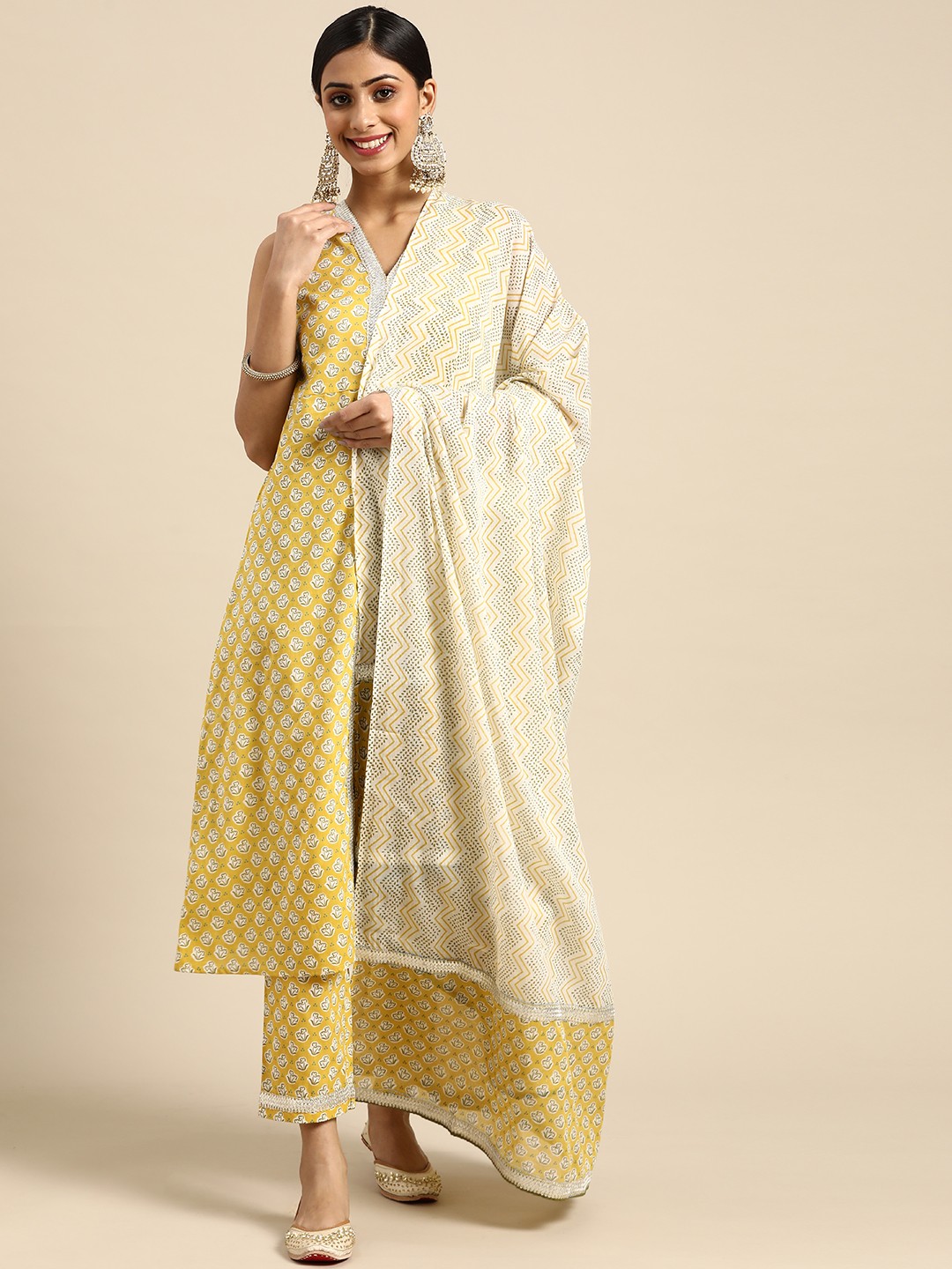 

anayna Women Mustard Yellow & Olive Green Printed Cotton Kurta with Trousers & Dupatta