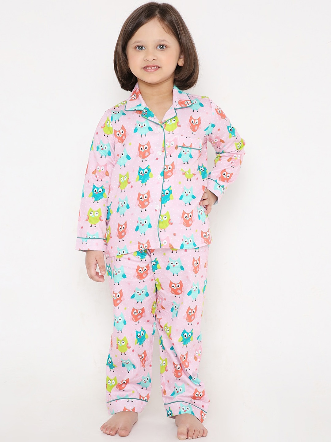 

Kidipoo Kids Pink & Blue Cute Doodle Owl Printed Pure Cotton Night suits