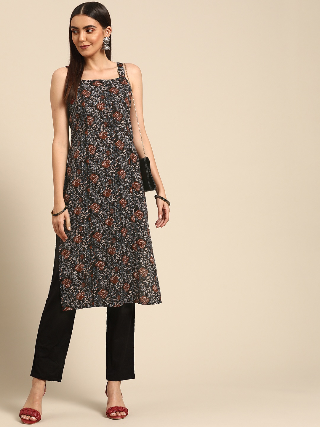 

anayna Women Black & Rust Red Pure Cotton Ethnic Motifs Printed Kantha Work Kurta