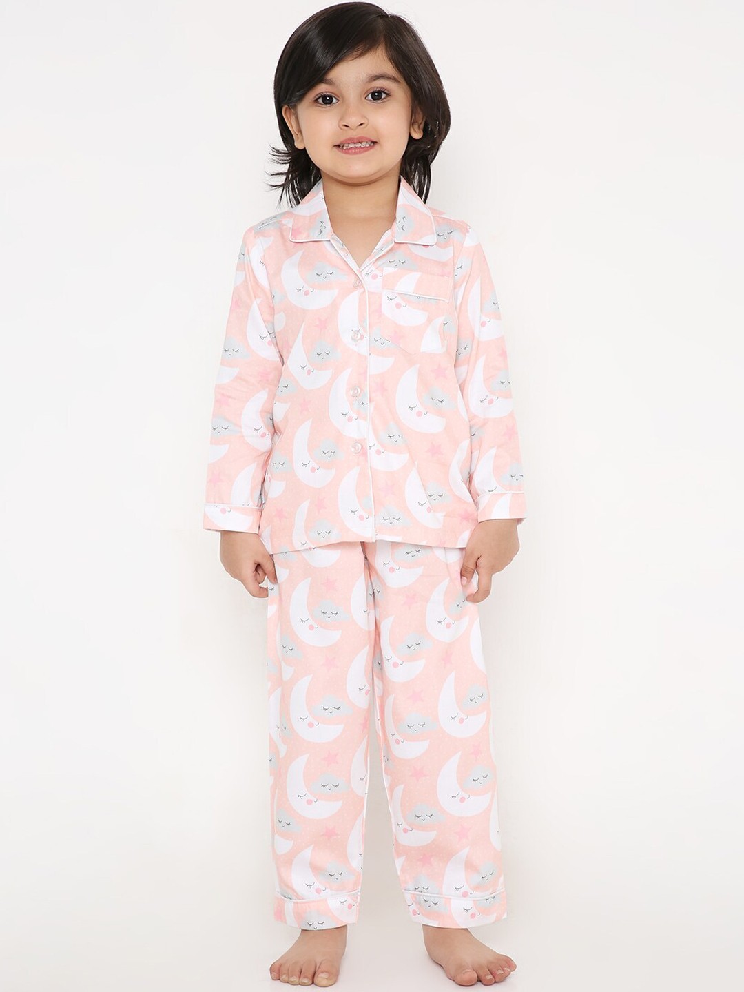 

Kidipoo Unisex Kids Peach-Coloured & White Printed Night suit