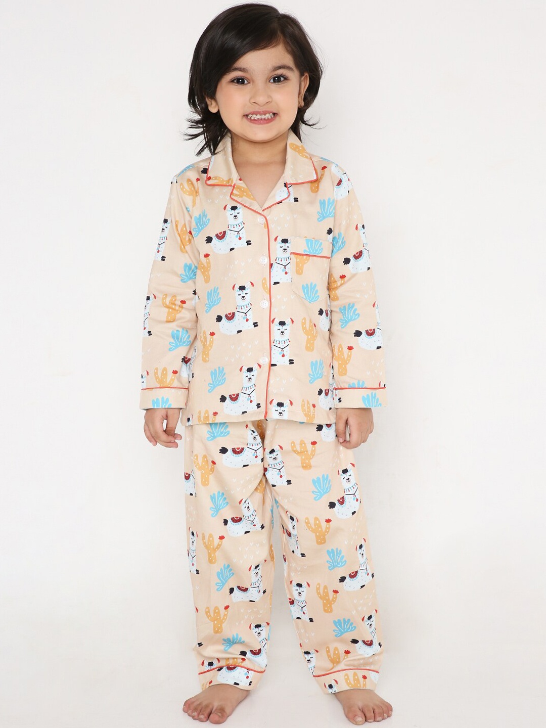 

Kidipoo Unisex Kids Peach-Coloured & Blue Printed Night suit